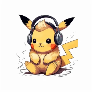 clip art Pokemon Pikachu listening to classical music with Headphones, flat design, simple, adorable, children's illustration, cartoon, white solid background, no outline, white background, black border