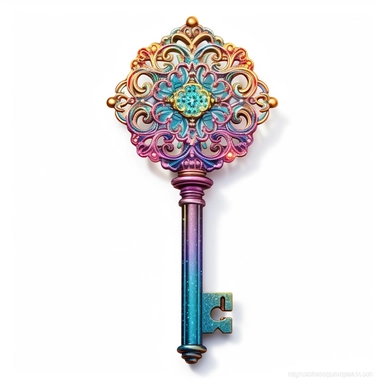 A mesmerizing clipart showcasing a legendary fairy tale tool: a shimmering and ornate key of wondrous proportions. The key should possess intricate details, such as delicate engravings depicting mythical creatures or symbols of magic. Its handle should be crafted from a rare and iridescent material, radiating an ethereal glow. The teeth of the key should be intricate and unique, as if they hold the secrets to unlocking mystical realms. Place the key against a pristine white background.