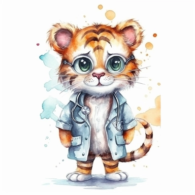 Cute tiger BABY, BEAUTIFUL big SHINING EYES ,HAPPY, dressed as a Doctor , Watercolor Little Animals Clipart, COLORFUL