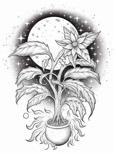 Coloring pages, black and white, linework, clip art, white background. Seedling growing, stars, planet.