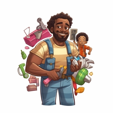 DIY Handyman: Design a clip art featuring an afro-caribbean dad holding a toolbox and wearing a tool belt, ready to tackle a home improvement project. This clip art can represent dads who are skilled in DIY tasks and always there to fix things around the house.