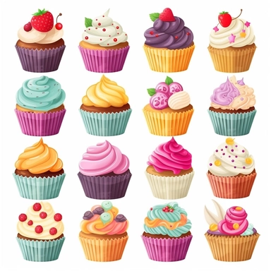 Clipart set different cupcakes, delicious cupcakes with attractive decorations, perfect shapes, pastel colors, digital art realistic style, white background,