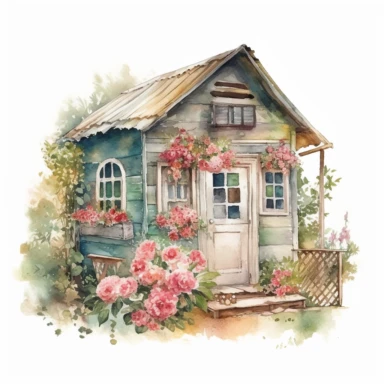 Vintage Flower Hut watercolor clipart, white background, hyper realistic