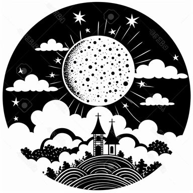 black and white vector icon clipart of a crescent moon and clouds , black and white, in the style of Aubrey Beardsley, white background, NO PEOPLE