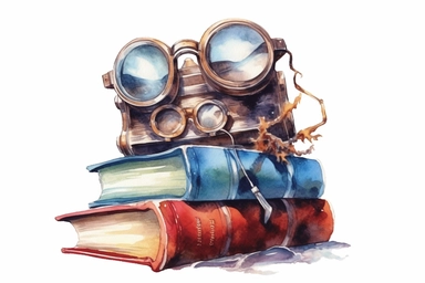 watercolour steampunk vintage stacked book with goggles clipart, hd, isolated on white background, spaced out