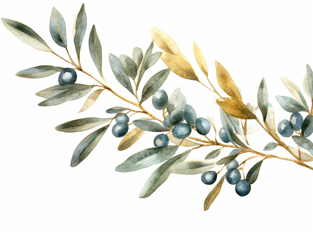 watercolor clipart high detailed teal olive branch with gold glitter on ...