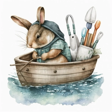 clipart design of watercolor bunny go fishing in a boat, contrasting to the white background