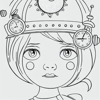 simple drawing, 1 , 1bit, 1 white steampunk little girl, 1 sticker art, 1 color by numbers, 1 coloring page for adults, 1 , printable outlined artwork, 1 coloring book page, 1, line art, 1 white backdrop, crisp lines, vector image, svg style, clipart style,