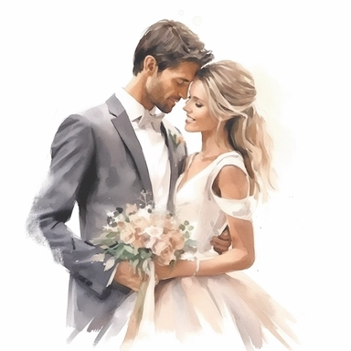 Wedding bride and groom, clipart, white background, in the style of elegant realism, muted and subtle tones, detailed painting, transparency and lightness