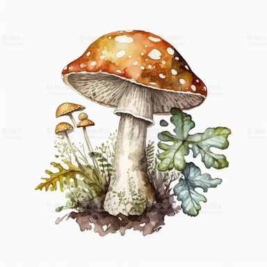 woodland mushroom, archive illustration, cute, watercolor, white background, clipart