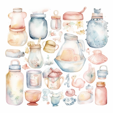 Create a watercolor clipart set featuring a variety of baby items, such as bottles, pacifiers, rattles, and blankets. Use soft, pastel colors and delicate lines to capture the innocence and sweetness of infancy, white background