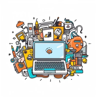 A clipart style representation of a company that uses laptops, computers, notepads, business tools, etc., T-shirt design graphic, vector, contour, white background