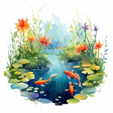 clipart, isolated on white background, Watercolor Spring pond with swimming fish and flowers, ornated, vivid and vibrant and saturated colors