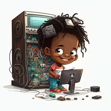 computer engineer job, clipart 1 happy black kid , children's magazine illustration, adorable, isolated on white background, features objects by Genndy Tartakovsky