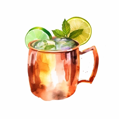 Moscow Mule: A zesty combination of vodka, ginger beer, and lime juice served in a copper mug. watercolor, clipart