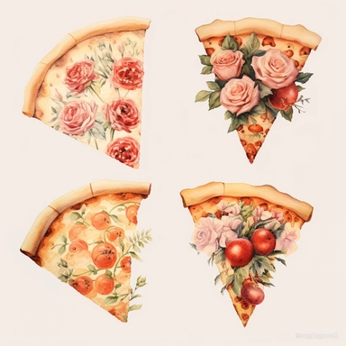 4 watercolor cliparts of neoclassical slice pizza with flowers integrated on it, yaka art, Hyperrealistic still life, aurorapunk, 1990s, appropriation artist, hellenistic art