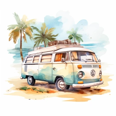 Design a watercolor - style clipart that showcases a charming camping van parked by a scenic beach, white background