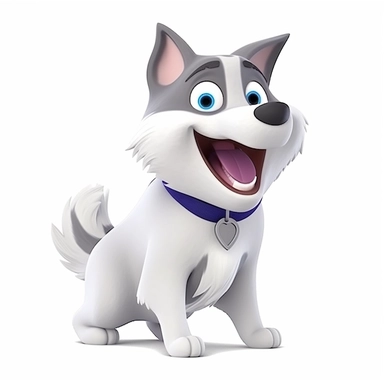 oilpainting, 2d icon of a super cute cartoon smiling husky in the play bow position clipart full body, 3d rendering, white background, clean