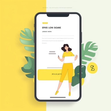 generate a sign up page mobile screen ,ui design, flat mobile view, yellow color large signup with gmail button in the middle of the screen ,minimalistic,clipart of a woman using Bit coins, white background, illustration,some text before the button,white color background,yellow color Button,home pahe logo on the right top of the screeen,some blank space on the bottom of the screen,flat vector, Figma, dribbble, user interface