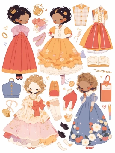 Stickers, Clipart, Full body display, Knolling layout, cute Princess Style themed, accessories neatly placed in equal proportion, larger spacing, 10 to 15 objects, pocket sticker, stationery set, vector stickers, high detail, charater sheet, Planner Stickers, Bright Colors, Hand Drawn Artwork, Watercolor Design, single design, 8k, white background