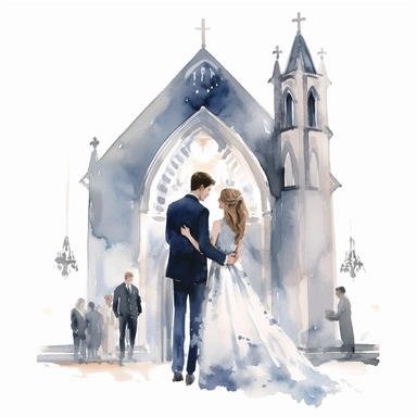 Wedding Watercolor, brides and groom in church in clipart on white background, navy blue color palette