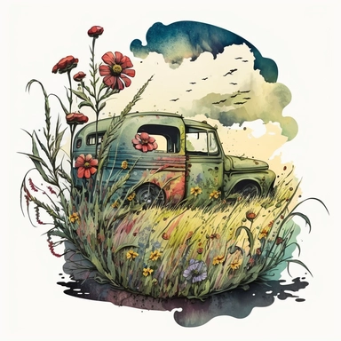 a field of plants and grass with yellow flowers, a massive cloud in the background and a an old broken down red truck in the middle of the field with mould on the paint and plant life growing inside it on a nice summers day, floral illustration vector clipart alcohol ink,--v 5