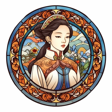 Vintage Cute Beautiful Round Stained Glass Korean fashion girl Sublimation Clipart, Cartoon, hyper realistic, intricate detail, illustration style, high solution, on the white background