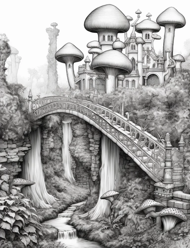 coloring book page, isolated images, illustrations on a white background, Enchanted Forest, waterfall, mushrooms, castle, Clipart, Fairy Forest, greatest for coloring , coloring book page, realistic, bridge, isolated, fussy cuts, highly detailed, hdr, 32K, photo expert quality, coloring book page, realistic, hyperrealistic and highly detailed, isolated on a white background