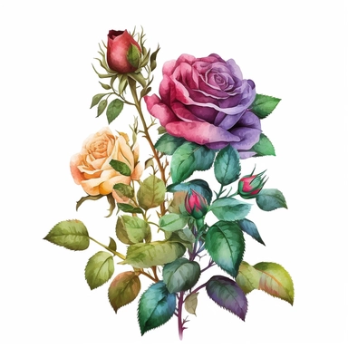 rose plant in watercolor style, white background, clipart, vibrant colors