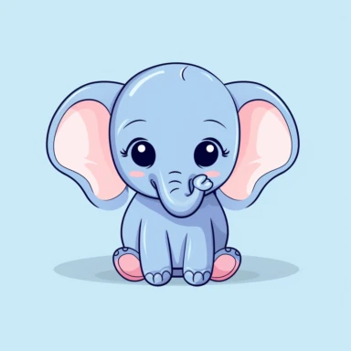 flat color, kawaii cartoon elephant with big ears clipart, in the style of light indigo and light azure, subtle use of color, light pink and light orange, use of traditional japanese artistic techniques, bold colors, strong lines, clean and simple designs, precise detailing