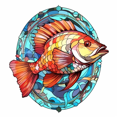 Vintage Colorful Beautiful Stained glass Bass Fish Sublimation Clipart,Cartoon, hyper realistic, intricate detail, illustration style,high solution,on the white background