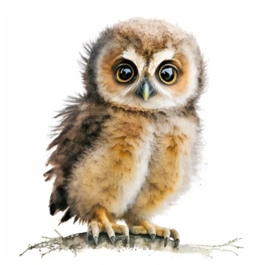 Watercolor furry Baby Owl Clipart with cute face and cute big eyes with white background and clear edges with high quality detailed image