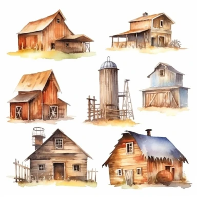 watercolor Old west style barns, illustrations clipart set, simple, , cartoon elements ,different variants , separate elements with a margin