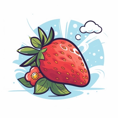 Indulge in a delightful summer treat with a captivating clipart illustration featuring a juicy strawberry in a vibrant cartoon style against a clean white background. Picture a cheerful strawberry, bursting with sweetness and vibrant colors, depicted with playful lines and a joyful expression. Utilize a bright and lively color palette, featuring shades of vibrant reds, luscious pinks, and fresh greens, to evoke the juicy essence of a ripe strawberry. Enhance the summer atmosphere with elements l