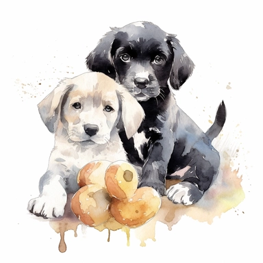 Watercolor puppies playing, with cuddly toy bone Clipart - cute dogs , Colour of blacka and silver, white background, vector art, high definition, clip art, ar 2:2