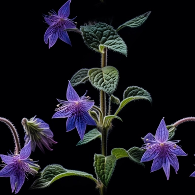 Purple borage flowers as a clipart with black background. A masterfully crafted digital artwork that explores the beauty and intricacy of purple borage flowers. The composition offers a close-up perspective, allowing the viewer to marvel at the delicate details of each petal and the unique patterns they create. Soft lighting highlights the vibrant purple tones, evoking a sense of tranquility and serenity. The artwork exhibits a contemporary realism style with a touch of impressionism, reminiscen