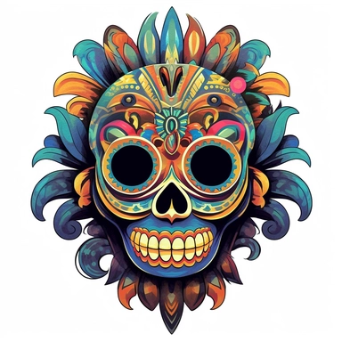 isolated flat clipart on a white background of a spooky day of dead themed voodoo mask tshirt design graphic, in the style of daniel f. gerhartz, transcendent, nikon d850, art of burma, captures the essence of nature, in the style of organic forms and patterns, expansive skies, hyper-detailed illustrations, i can't believe how beautiful this is, lively colors