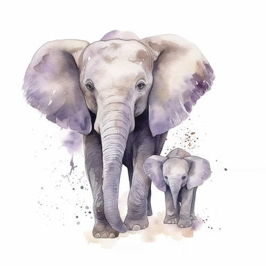 Watercolor relaistic animals, cute baby elephant with father clipart, white background, no caption, no text