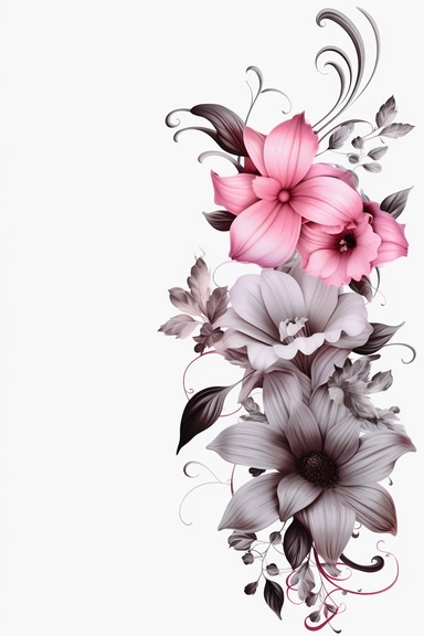 flower corner freebie floral border clipart, in the style of black and white realism, pink and gray, uhd image, tattoo, monochromatic paintings, contemporary fairy tale, eye-catching detail