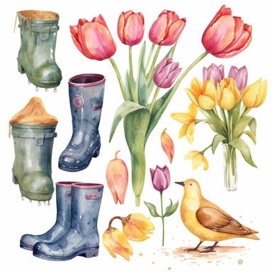Watercolor Spring Clipart, Spring Clip Art, Flowers, Spring, Rainboot, Bird, Umbrella, Bicycle, Gardening, Tulips, Watercolour Clip Art