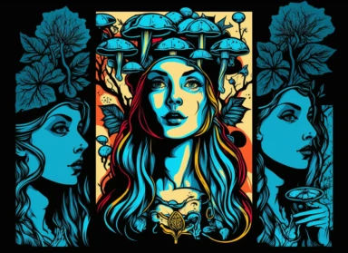Ornamentaal, magic mushrooms, pop art, flat 2d vector design, illuminati priestess, clipart, detailed trace
