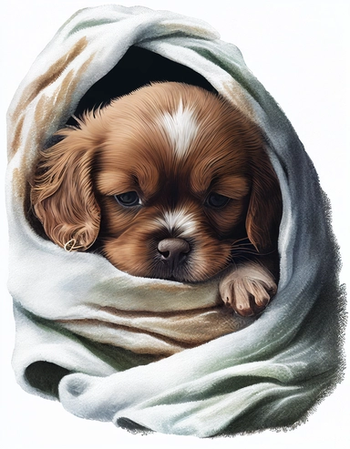 baby dog in a blanket, watercolor clipart, transparent background,