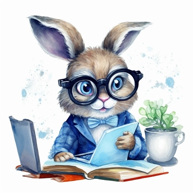 watercolor clipart, cute funny bunny, in style programmer, working on a computer, With an intelligent look, funny and floppy ears, white background, no watermarks, suitable for printing