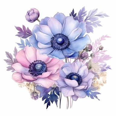 anemone flower bunch arranging into the boarder, watercolor, clipart, highly detailed, HD, pastel color