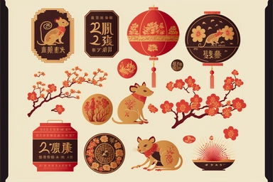 chinese new year design element set rat mouse fireworks cloud lantern flower blossom plum red gold gold coin zodiac signs symbol animal happy 2023 holiday lunar japanese korean vietnamese style traditional geometric text isolated clip art collection bundle silhouette hand-drawn art vector illustration graphic print concept flat line realistic high quality detailed