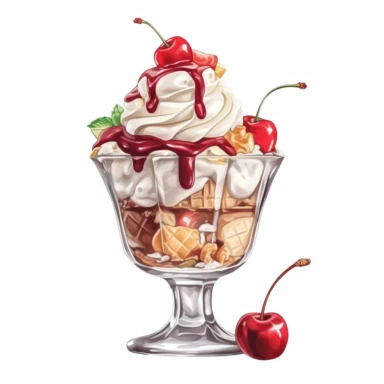 Watercolour of a Ice Cream sundae, Clipart,Cartoon,hyper realistic, intricate detail isolated on a white background, high quality, sublimation, detailed, cartoon style