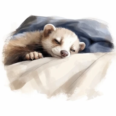 realistic watercolor ferret sleeping inside a house on a comfortable bed on solid white background, clipart