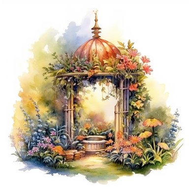 watercolor fire Fairy garden, A lush garden filled with vibrant flowers, aromatic herbs, and secret nooks for fairies to restf, lame around, detailed, hd, clipart