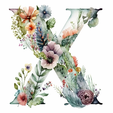 Watercolor botanical flower letter X, clipart, colorful, white background