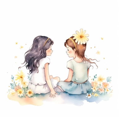 Two cute girls sitting together and having a conversation about their dreams and aspirations, flowers, inspiring each other to pursue their goals and set a positive example for others, clear white background, self love, self confidence, watercolor, simply drawn for children book, handrawn watercolor graphic clipart, 16k